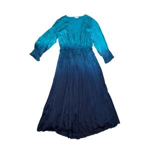 Beau & Ro Maxi Dress Women XL Blue Ombre Smocked Waist V-Neck Long‎ Sleeve
